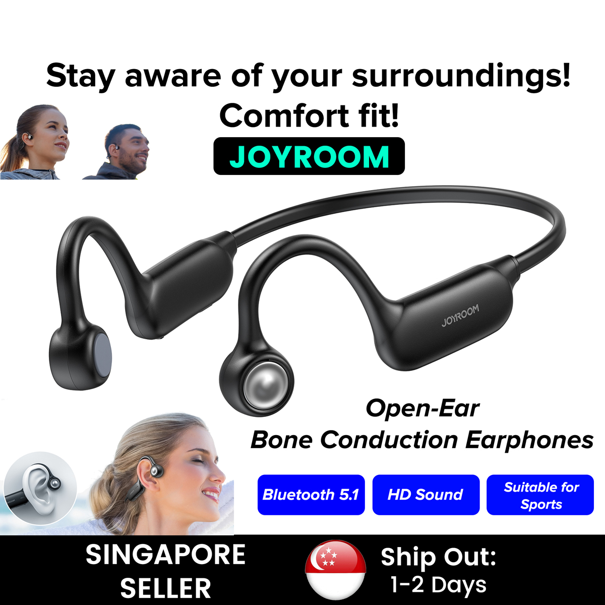 [SG] Joyroom JR-X2 Wireless Bluetooth Bone Conduction Headphone/Headset/Earphone with Microphone (Black)