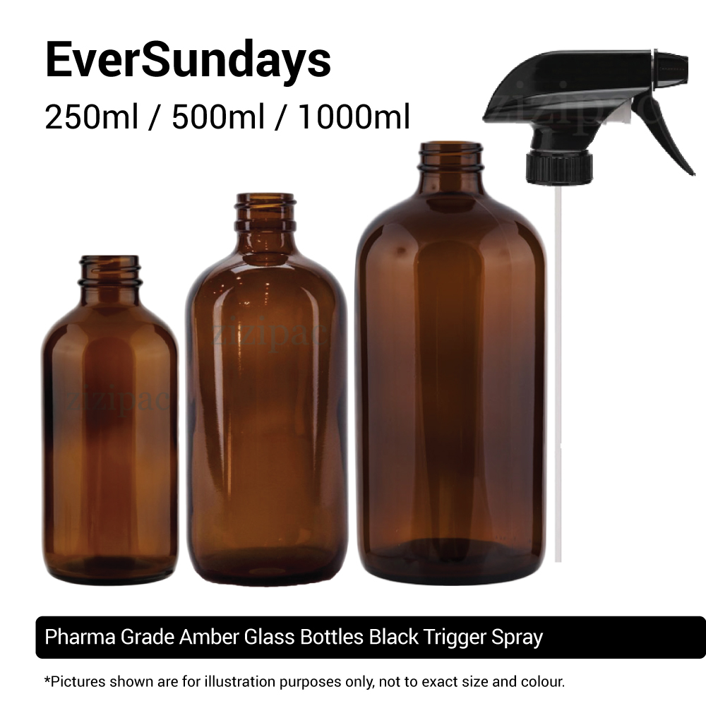 ( 3pcs/5pcs/10pcs )  EverSundays Amber Glass Bottles + Black Trigger Spray - 250ml, 500ml, 1000ml
