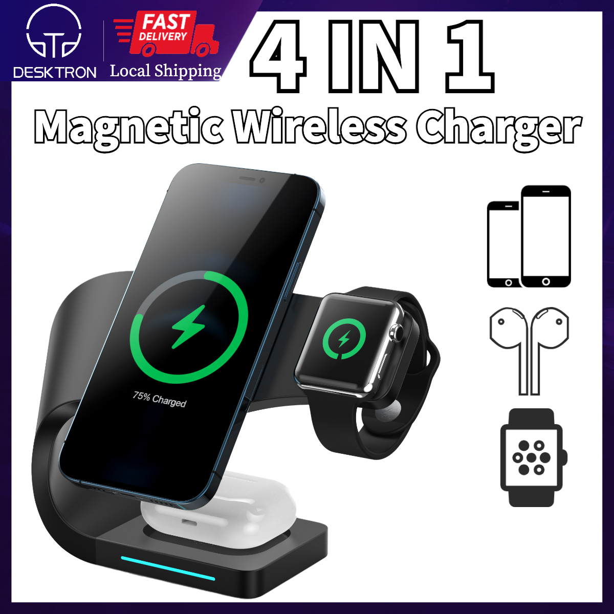 DESKTRON 4 IN 1 Magnetic Wireless Charger, 15W Qi Fast Charge Wireless Charging Dock Compatible For iPHONE 14 13 12 AirPods 3 iWatch 8