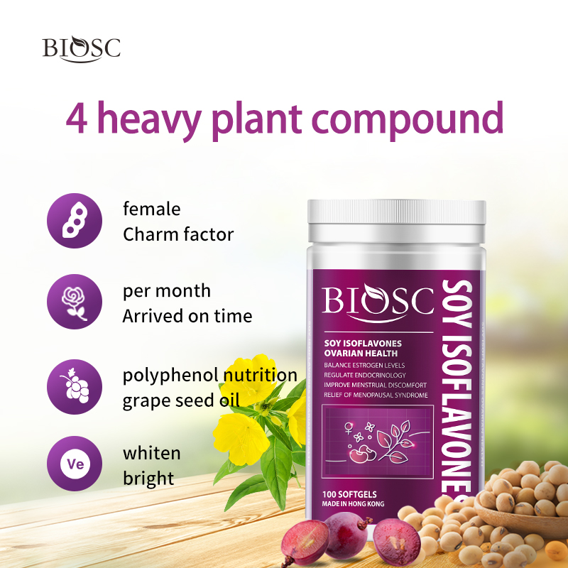 BIOSC Non-Gmo Soy Lsoflavones 100 Soft-gels And Natural Vitamin E，Greape Seed Extract Menopause Balance,Natural Estrogen Supplement for Women,Support Healthy Ovarian Function